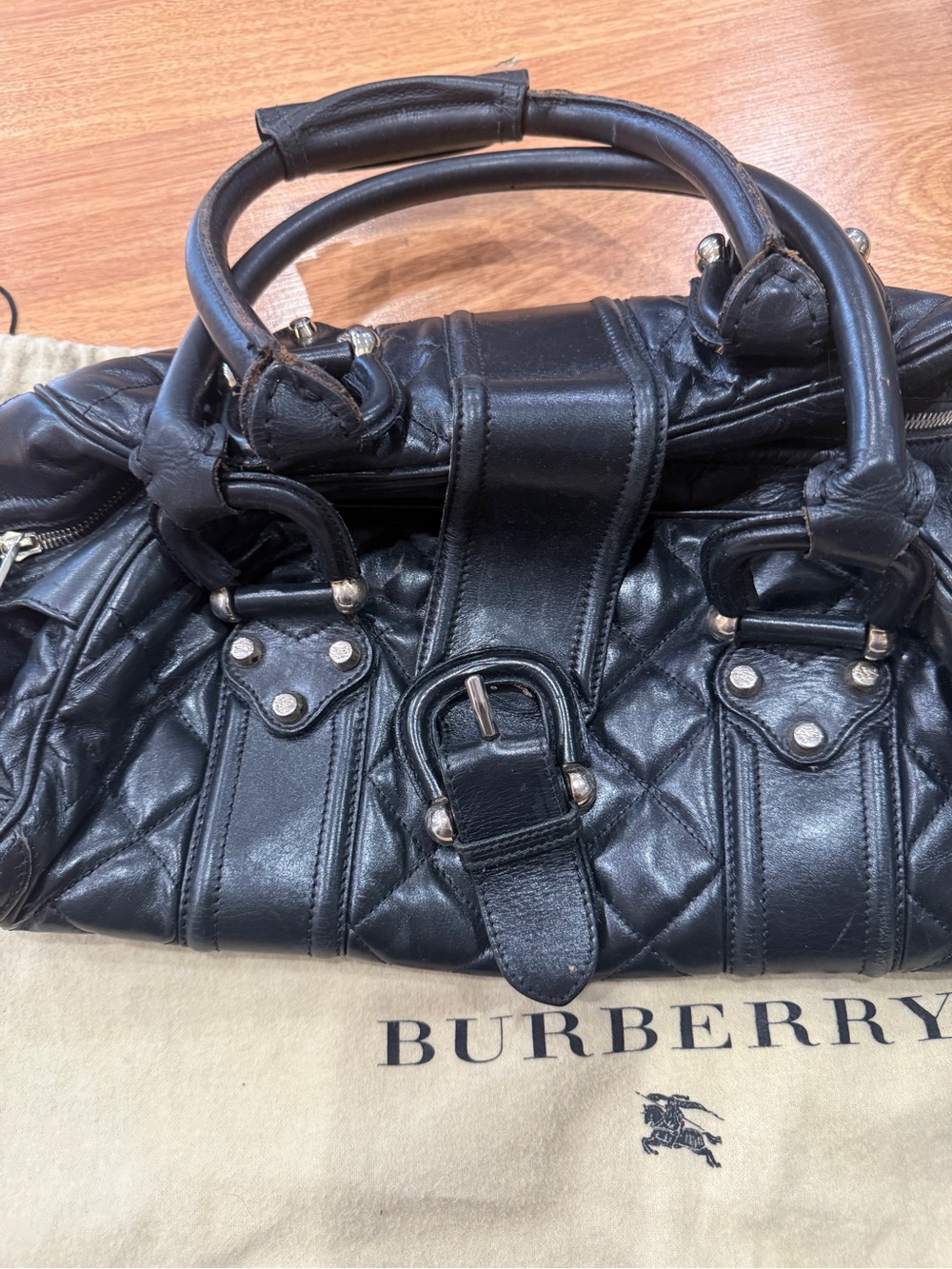 Authentic Burberry Black Quilted Leather Satchel with Buckle Accents